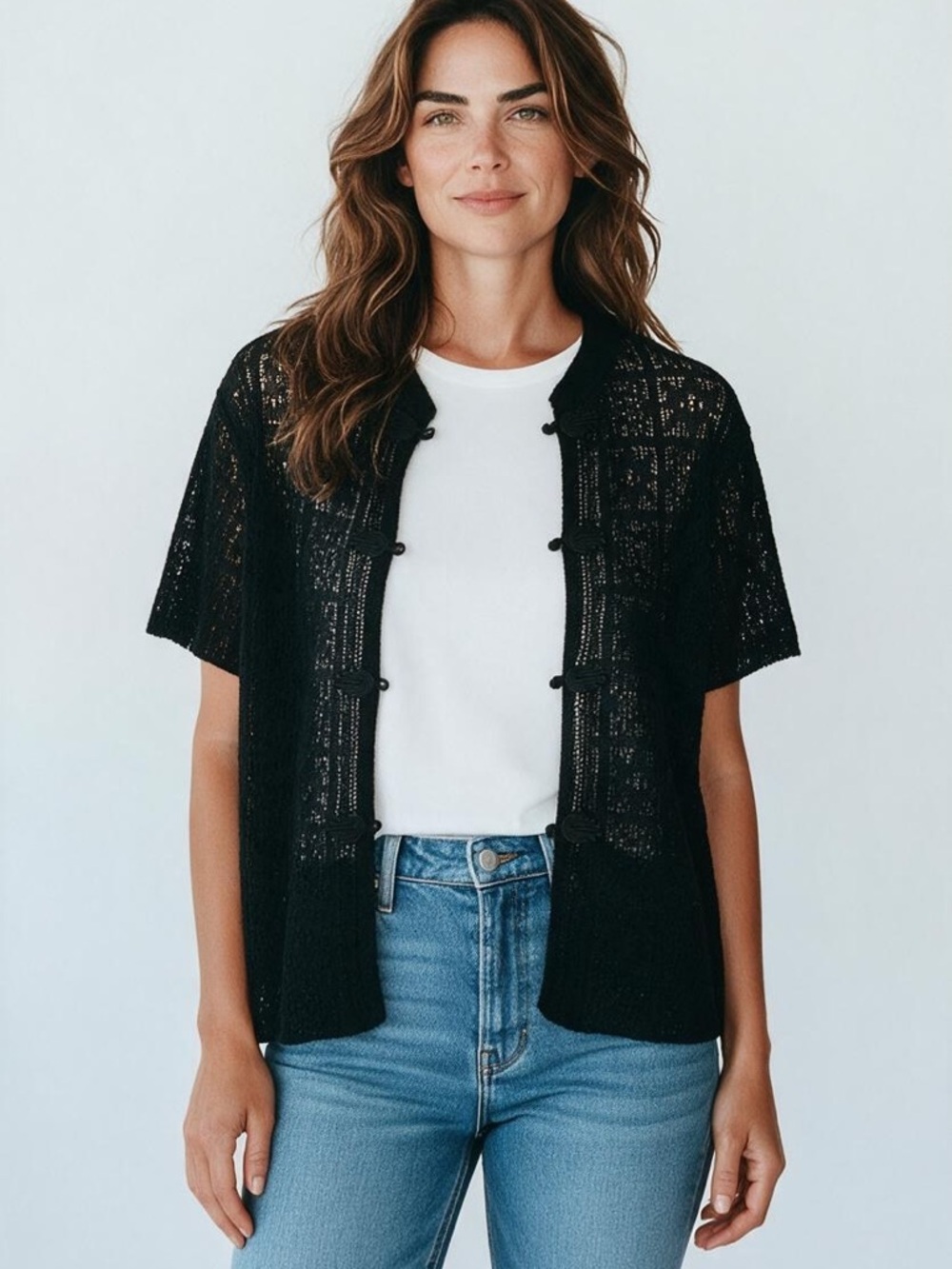 Mango Black Short-Sleeve Knit Cardigan